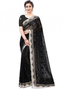 Black Heavy Border Embroidered Net Saree With Blouse
