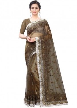 Brown Heavy Border Embroidered Net Saree With Blouse