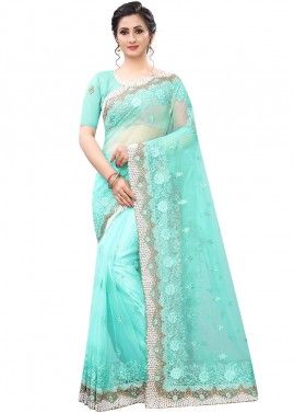 Turquoise Embroidered Heavy Border Net Saree