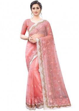 Peach Heavy Border Embroidered Net Saree With Blouse