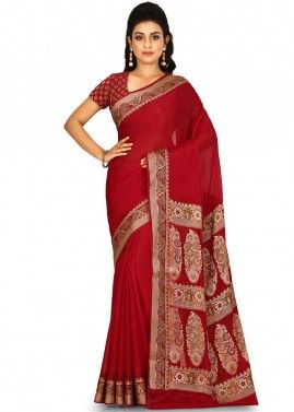 Red Pure Banarasi Silk Woven Saree With Blouse