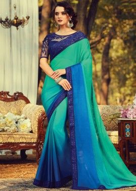Turquoise and Blue Shaded Embroidered Border Saree