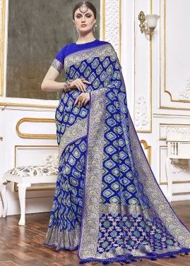 Blue Viscose Woven Saree With Blouse