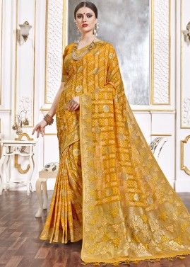 Yellow Viscose Woven Saree With Blouse