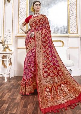 Red And Pink Woven Viscose Saree With Blouse