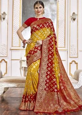 Yellow Viscose Woven Saree With Blouse