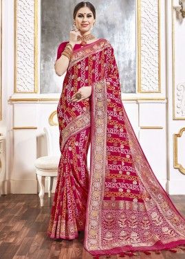 Pink Woven Viscose Saree With Blouse