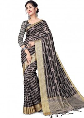 Grey and Black Digital Printed Tussar Silk Saree