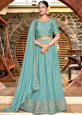 Turquoise Embroidered Lehenga Choli In Pleated Style