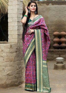 Pink Banarasi Silk Woven Saree With Blouse