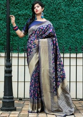 Blue Floral Woven Banarasi Silk Saree
