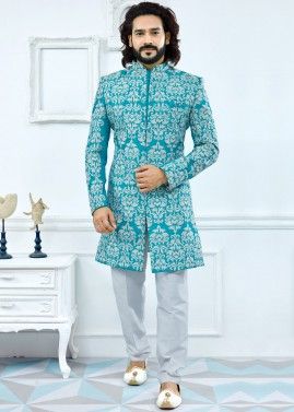 Sky Blue Art Silk Readymade Sherwani With Trouser