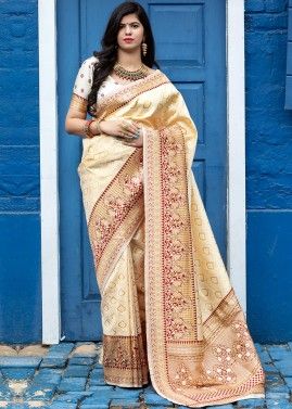 Cream Woven Art Banarasi Silk Saree With Blouse