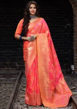 Pink Art Banarasi Silk Saree With Blouse