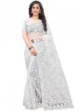 White Embroidered Net Saree With Blouse