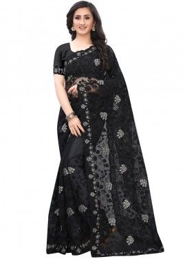 Black Net Floral Embroidered Saree With Blouse
