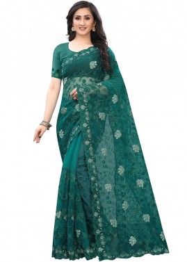 Green Embroidered Net Saree With Blouse