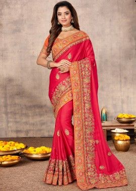 Red Heavy Border Embroidered Saree With Blouse
