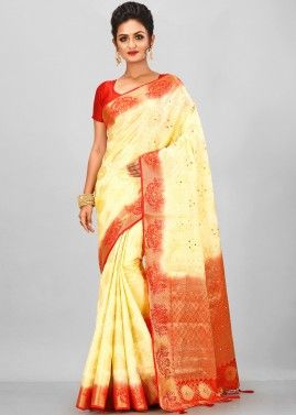 Cream Woven Kanjivaram Silk Saree With Blouse