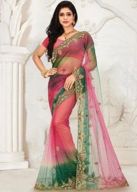 Pink Hand Embroidered Heavy Border Net Saree