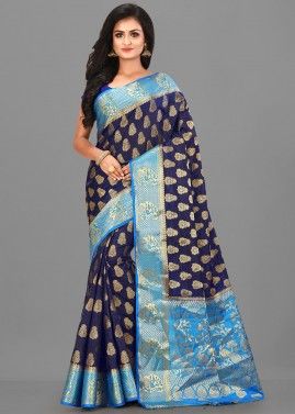 Navy Blue Kanjivaram Silk Woven Saree With Blouse