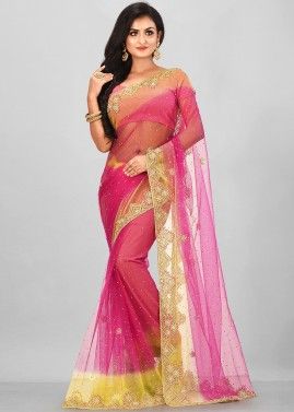 Pink Hand Embroidered Net Heavy Border Saree