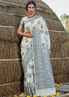 Off White Art Banarasi Silk Woven Saree 