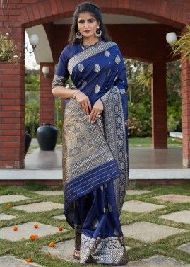 Navy Blue Art Banarasi Silk Woven Saree 