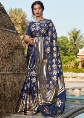 Navy Blue Art Silk Foil Printed Saree With Blouse