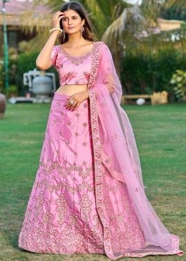 Pink Satin Lehenga Choli In Thread Embroidery