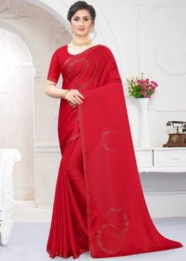 Red Stone Work Saree With Blouse
