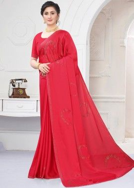 Red Stone Embellished Saree With Blouse