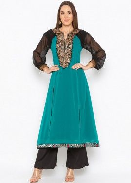 Green Embroidered Asymmetric Long Kurta With Pant