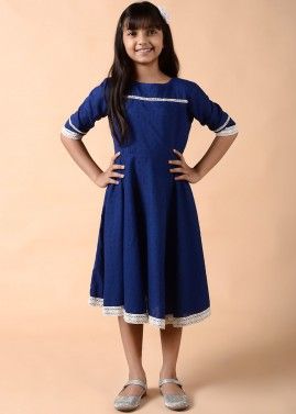 Readymade Blue Flared Kids Dress In Cotton