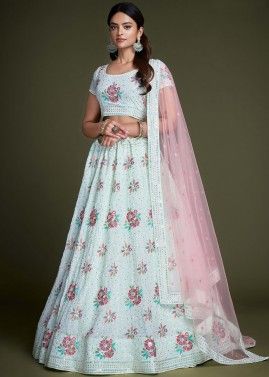 Turquoise Georgette Lehenga Choli In Sequins Embroidery
