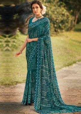Green Georgette Printed Saree With Blouse