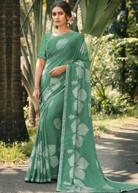 Green Printed Georgette Saree With Blouse