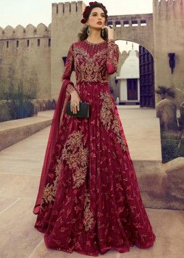 Maroon Embroidered Net Bridal Anarkali Suit