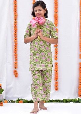 Green Floral Printed Kids Palazzo Suit