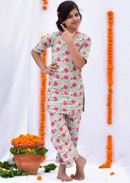 Readymade Green Floral Printed Kids Palazzo Suit