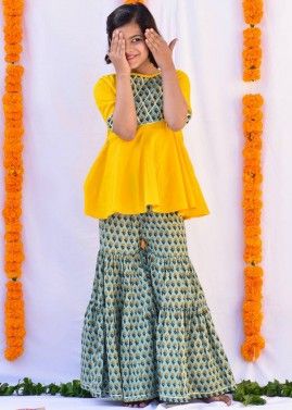 Yellow Peplum Style Sharara Suit For Kids