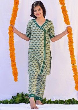Angrakha Style Green Pant Salwar Kameez For Kids