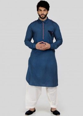 Blue Art Silk Readymade Pathani Suit
