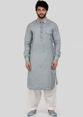 Readymade Grey Linen Pathani Suit For Men