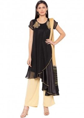 Black Asymmetric Twin Layered Readymade Pant Suit