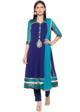Readymade Blue Flared Pant Suit With Dupatta
