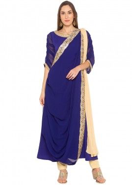 Blue Twin Layered Asymmetric Readymade Pant Suit