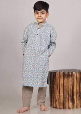 Blue Readymade Printed Kurta Pajama For Kids
