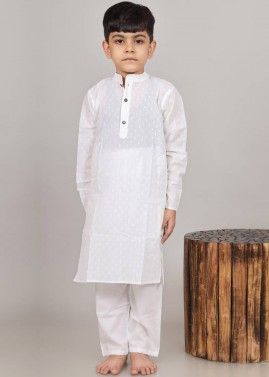 White Kids Readymade Kurta Pajama In Cotton