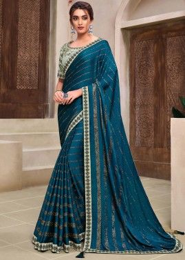 Embroidered Blue Chiffon Saree With Heavy Blouse